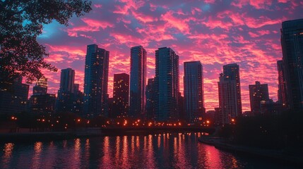 Fototapeta premium Chicago Skyline at Pink Sunrise over Canal