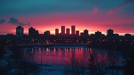 Fototapeta premium City skyline at vibrant sunset over frozen river