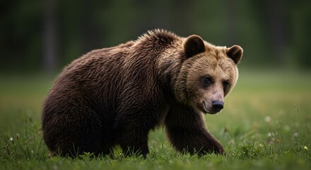 Fototapeta premium Brown Bear Exploring Wild Green Meadow in Springtime Wildlife Scene