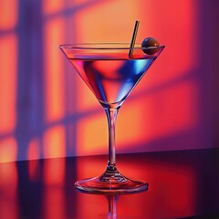 A vibrant martini glass filled with colorful liquid, garnished with an olive, set against a striking backdrop of warm hues.