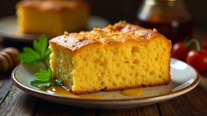 A delectable slice of golden cornbread, drizzled with honey, served on a plate with fresh herbs, accompanied by a blurred background featuring more cornbread and a honey jar.