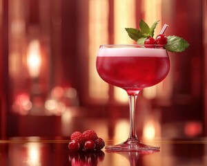 A vibrant cocktail in a stylish glass, garnished with mint and cherries, set against a softly blurred background.