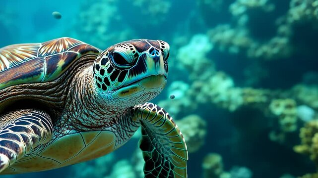 A turtle swimming in the ocean. A brown turtle in the sea water. Blurry background with glare of light. A turtle gliding through the sea lifestyle.