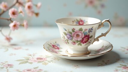Fototapeta premium Elegant floral teacup and saucer set on a delicate patterned surface, perfect for a relaxing afternoon tea