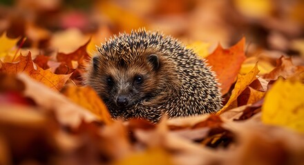 Adorable hedgehog nestled in vibrant autumn leaves during fall season