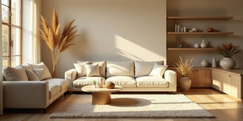 Serene Living Room Decor with Neutral Tones and Natural Elements, Featuring a Comfortable Sofa and Stylish Wooden Shelving