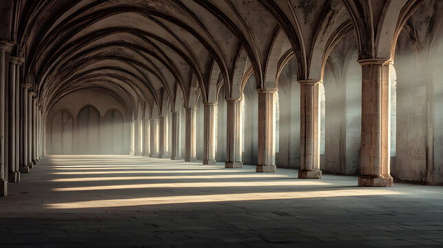 Long Stone Hallway with Vaulted Arches and Sunlight