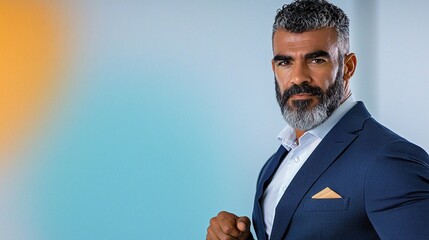 Confident man in a blue suit, graying hair and beard, glancing intensely at the viewer