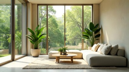 Serene Living Room Design with Lush Greenery and Natural Light Featuring a Comfortable Sectional Sofa and a Low Coffee Table