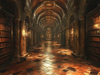 Fototapeta premium Long, arched hallway lined with filled bookshelves and ornate pillars