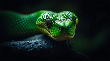 Fototapeta premium lithering Green Snake on a damp tree branch in a dark rainforest 