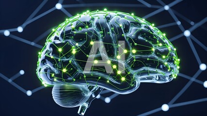 Futuristic AI Brain Bioluminescent Green Synapses & Tech Circuitry (8K 3D Render)