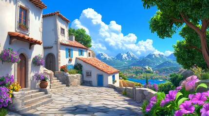 Obraz premium Sunlit Mediterranean Village with Coastal View and Mountains