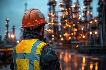 Industrial Worker in Helmet and Reflective Vest Reviews Clipboard at Oil Refinery Site with Machinery and Pipes in Background