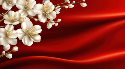 A red background with white flowers on it. The flowers are in the center of the image and are surrounded by a red border. The image has a romantic and elegant mood