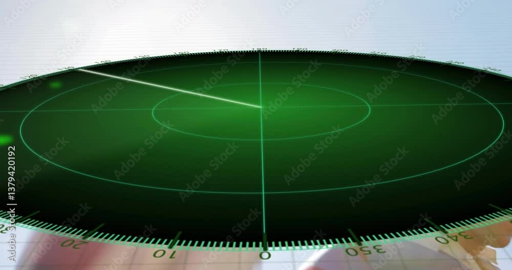 Poster rotating radar screen showing green signal and grid lines in animation