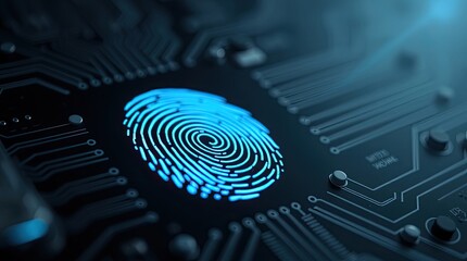 A glowing blue fingerprint on a computer motherboard circuit