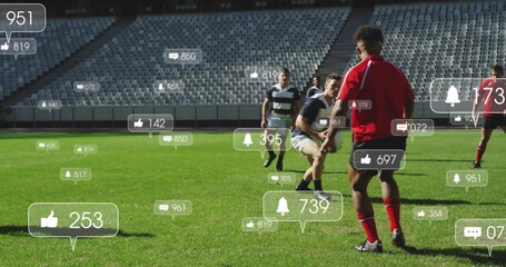 Rugby players on field with social media notifications overlay animation - Powered by Adobe