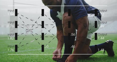 Football player tying shoelaces with data processing animation overlay in background - Powered by Adobe