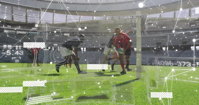 Rugby players tackling on field with data processing animation overlay - Powered by Adobe