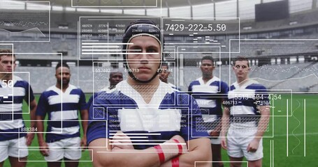 On field, rugby players with animation overlay showing positions and statistics - Powered by Adobe