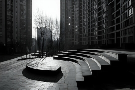 Fototapeta Modern City Plaza with Circular Steps in Black and White