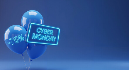Blue balloons promoting Cyber Monday discounts against a blue background  