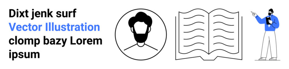 Circular avatar of a person, open book with wavy lines, presenter with pointing gesture. Ideal for education, content creation, learning, writing, research, personal branding simple landing page