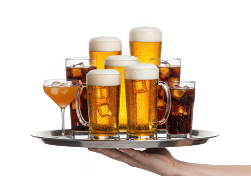 Assorted beverages tray refreshing drinks alcohol cocktails on transparent