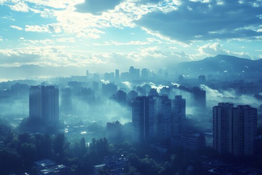 Panoramic view of modern city skyline under cloudy sky