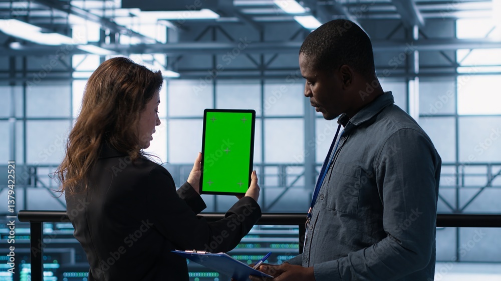 Poster technicians in data center using green screen tablet, reviewing hardware diagnostics. it coworkers a