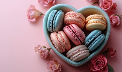 Macarons Roses and Candy in Heart-Shaped Containers on Pink Background for Mother's Day and Valentine's Day