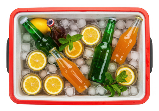 Refreshing summer drinks in cooler with lemon and ice cubes on transparent - Powered by Adobe