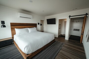 A modern bedroom with a large bed and bathroom access