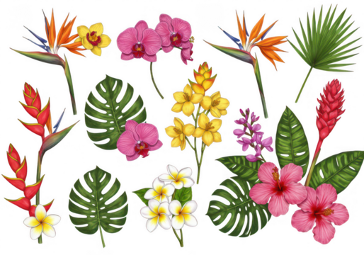 Tropical floral arrangement with orchids and paradise flower on transparent
