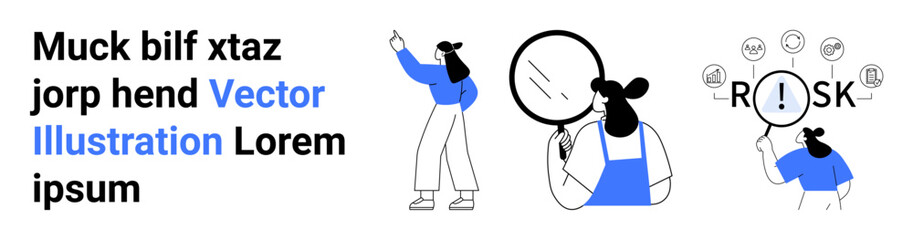 Woman examines document with magnifier, points at abstract data, navigates risks using analytical tools. Ideal for analysis, research, data, strategy, business, education simple landing page