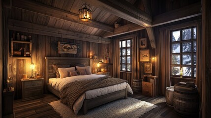 Cozy mountain cabin bedroom at dawn