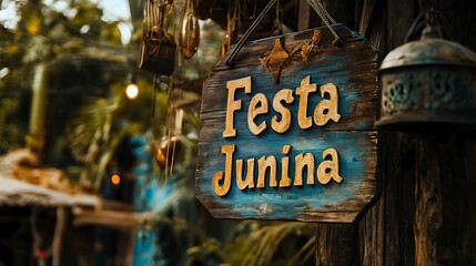 A rustic sign for Festa Junina, set against a blurred jungle backdrop, celebrates the traditional Brazilian festival.