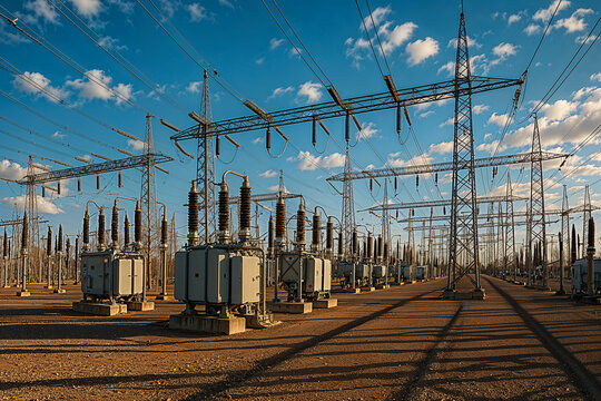 High voltage power substation with transformers and transmission lines