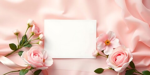 A soft cinematic haze with soft pastel colors. A blank Mother’s Day greeting card is surrounded by elegant pastel flowers, ribbons, and a soft pink fabric backdrop. The style is a gentle and soothing 