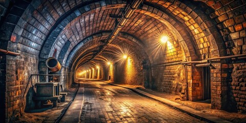 Naklejka premium A Journey Through Time An Enigmatic Brick Tunnel Illuminated by Golden Lights