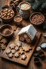 Gingerbread House Decoration Christmas Cookies Craft Activity with Royal Icing and Cookie Cutters in Cozy Scandinavian Style