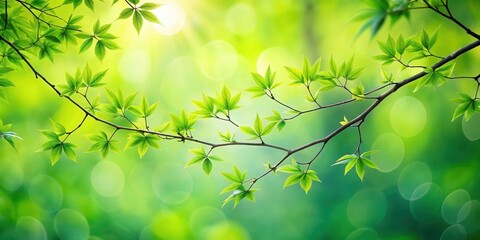 Obraz premium Vibrant Spring Branch with Fresh Green Leaves and Sunlight Filtering Through a Lush Forest