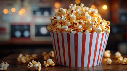 Cozy movie night with popcorn and drinks on rustic wooden table