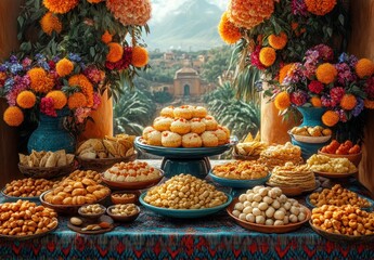 Mexican Inspired Table Setting with Traditional Desserts Peanuts Colorful Decorations on Checkered Tablecloth