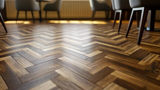 An image of wooden floor. Room with large number of chairs and blurred background. A parquet with a light brown glare. A picture of a timber floor lifestyle.