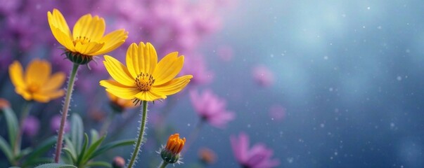 Yellow and purple flowers with fuzzy petals on a gradient background of blue and pink hues, nature scene, pink, purple, gradient