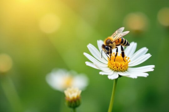 Yellow bee hovering above white flowers, insects, nature, white