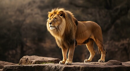 Fototapeta premium Majestic Lion Standing Tall on Rocky Outcrop in Natural Habitat