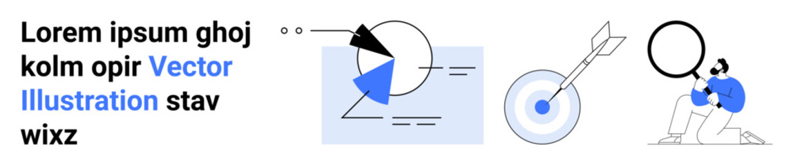 Geometric shapes with data analysis elements, target with arrow, and person with magnifier. Ideal for analytics, business, goals, research, strategy, visualization simple landing page © robu_s